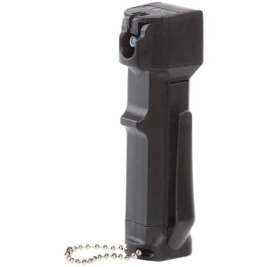Mace Tear Gas Enhanced Police Pepper Spray with Keychain, Belt / Visor Clip, Tear Gas, UV Dye Side View