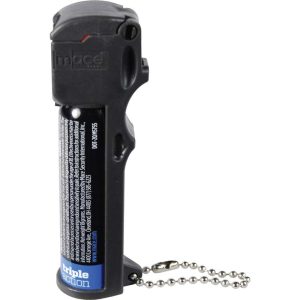 Mace Triple Action Personal Pepper Spray combines OC Pepper, CN Tear Gas, and uUV Marking Dye, with Keyring and Flip Top Actuator