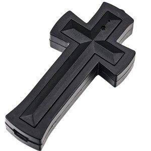 Black Cross Hidden Rechargeable Spy Camera with built in DVR - 1.5 hour run time. This camera is discreet, rechargeable, and features a built-in DVR for easy recording. It offers a run time of 1.5 hours, making it ideal for various surveillance needs.