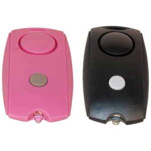 Pink and Black 120 db Mini Personal Alarm with LED flashlight and Belt Clip Side by Side View