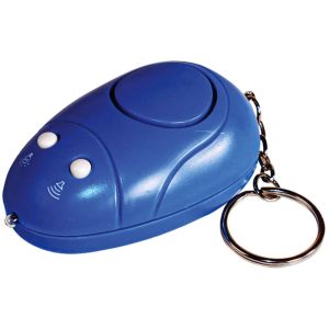 Blue Keychain 130db Alarm with Flashlight: A compact and powerful security device. It features a bright blue color, a 130db alarm, and an integrated flashlight, all in a keychain-sized package. Ideal for personal safety and easy to carry