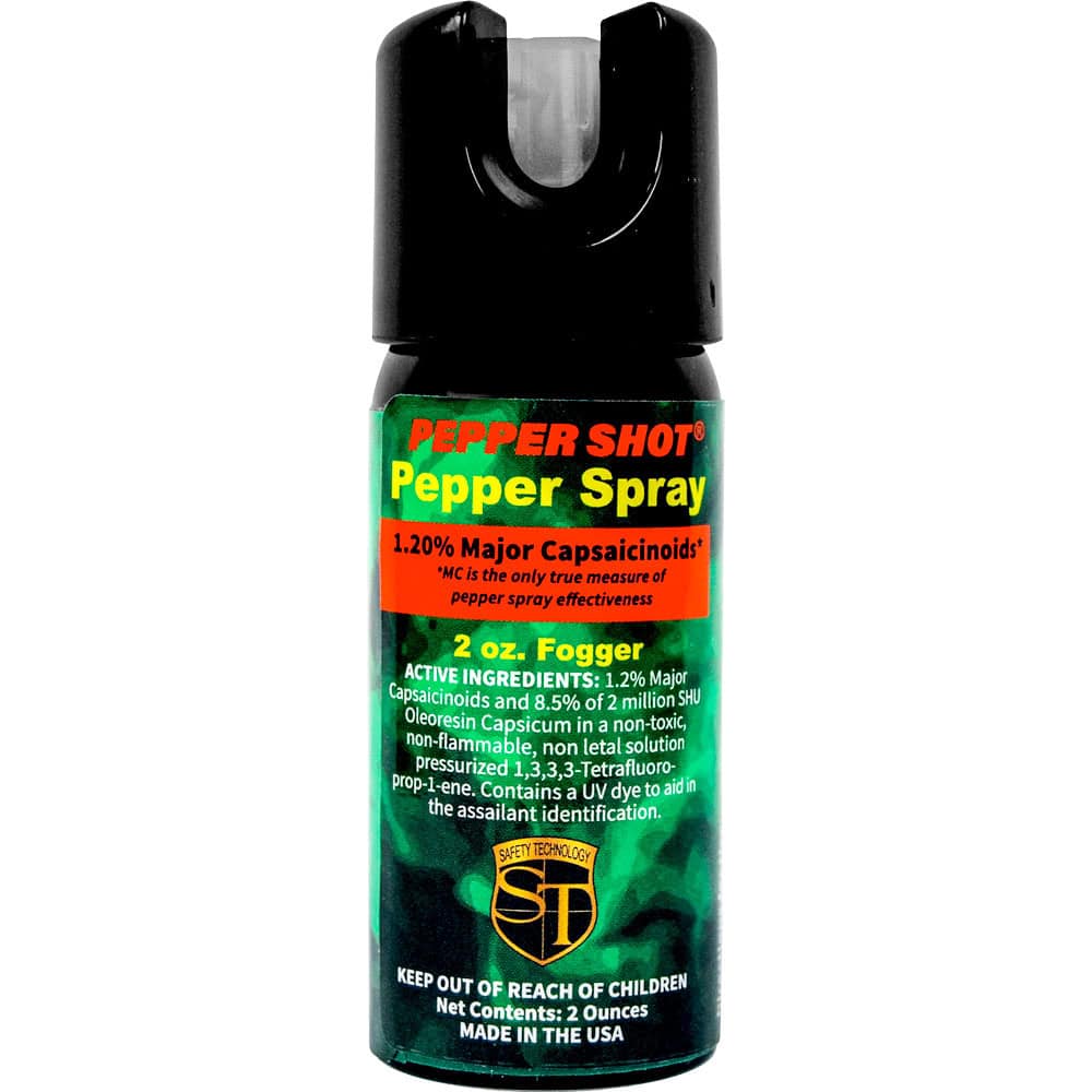 Pepper Shot 2 oz Pepper Spray 1.2% Major Capsaicinoids – Stream or Fogger Pattern, 8-10 Foot Range, 10-12 Bursts, 2 Million SHU, UV Marking Dye, Locking Actuator, Made in USA, Home and Office Defense