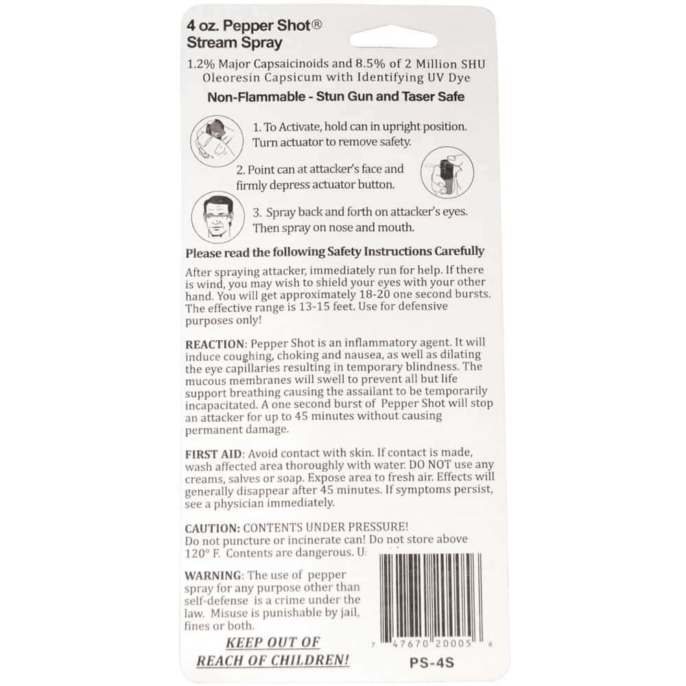 Pepper Shot 4 ounce Pepper Spray Rear Package View with Instructions | Advanced Safety Tech Pepper Shot 4 Ounce Pepper Spray Rear Package View with Instructions Advanced Safety Tech Pepper Shot 4 Ounce Pepper Spray Rear Package View with Instructions