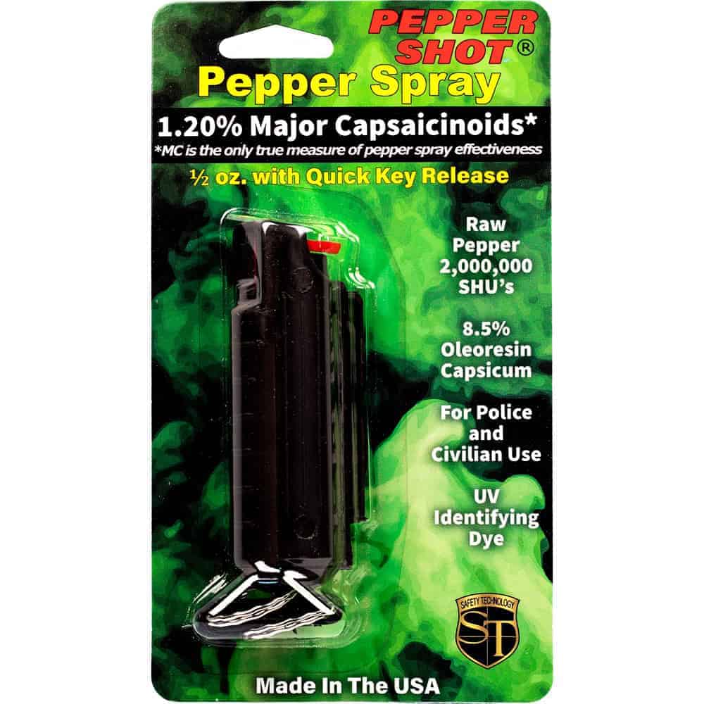 Black Pepper Shot Pepper Spray Hard Case Belt Clip and Quick Release Key Chain Front View in Retail Package