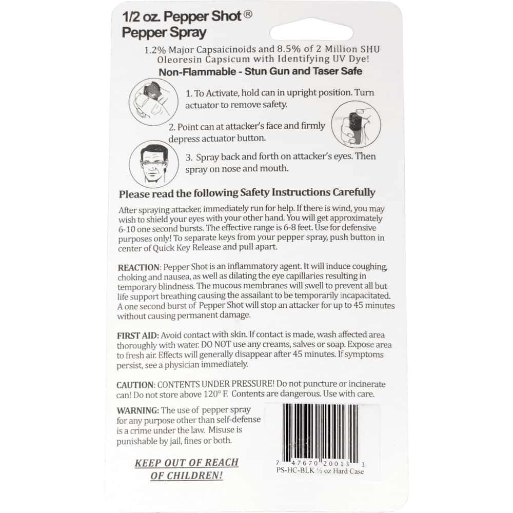 Pepper Shot Pepper Spray Hard Case Belt Clip and Quick Release Key Chain Rear Package View with Instructions