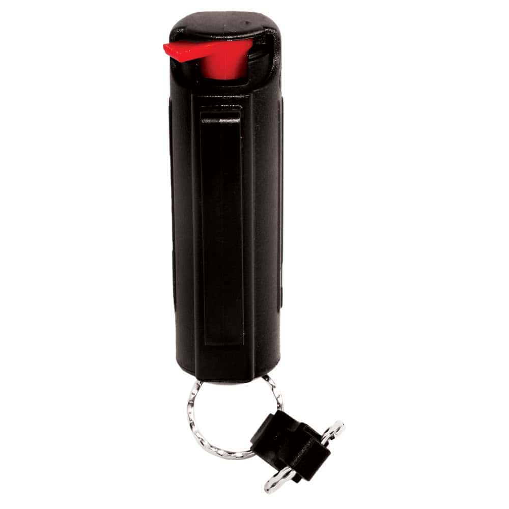 Black Pepper Shot Pepper Spray Hard Case Belt Clip and Quick Release Key Chain Rear View