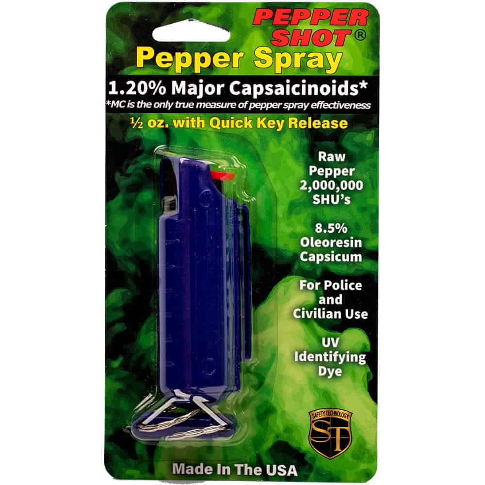 Blue Pepper Shot Pepper Spray Hard Case Belt Clip and Quick Release Key Chain Front View in Retail Package