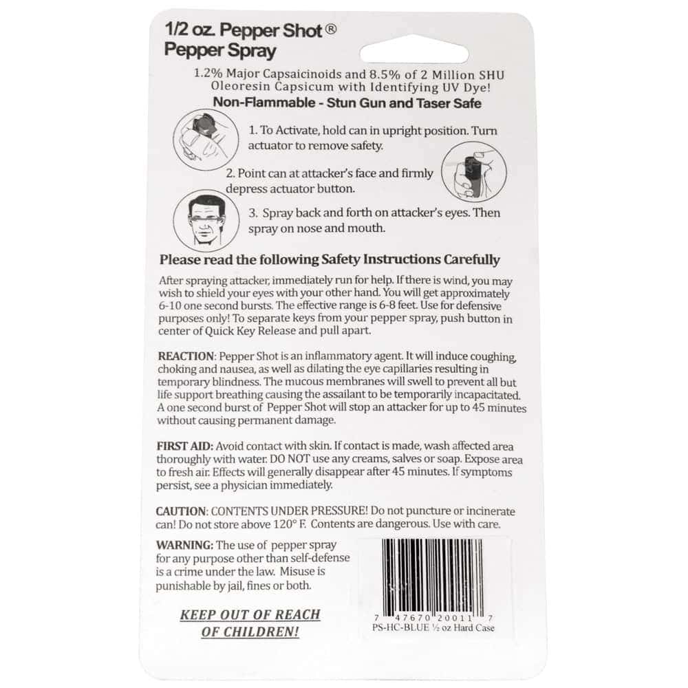 Pepper Shot Pepper Spray Hard Case Belt Clip and Quick Release Key Chain Rear Package View with Instructions
