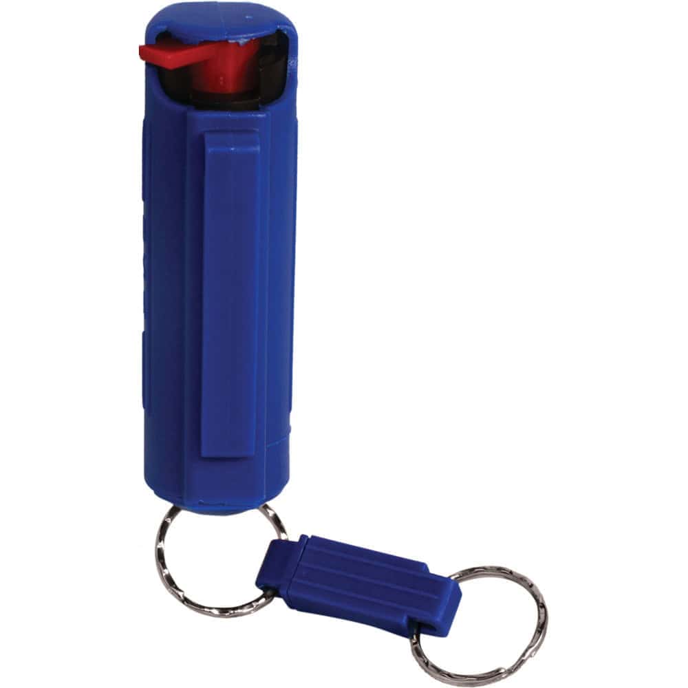 Blue Pepper Shot Pepper Spray Hard Case Belt Clip and Quick Release Key Chain Rear View