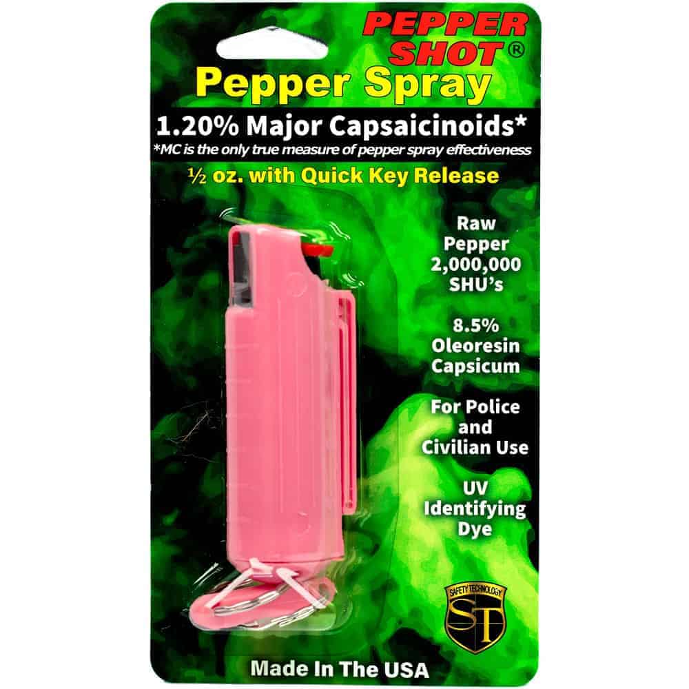 Pink Pepper Shot Pepper Spray Hard Case Belt Clip and Quick Release Key Chain Front View in Retail Package