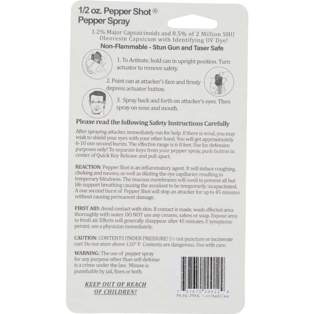 Pepper Shot Pepper Spray Hard Case Belt Clip and Quick Release Key Chain Rear Package View with Instructions