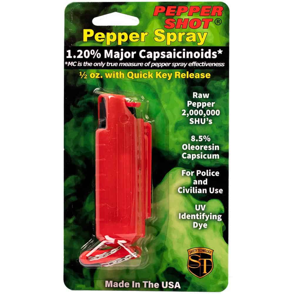 Red Pepper Shot Pepper Spray Hard Case Belt Clip and Quick Release Key Chain Front View in Retail Package