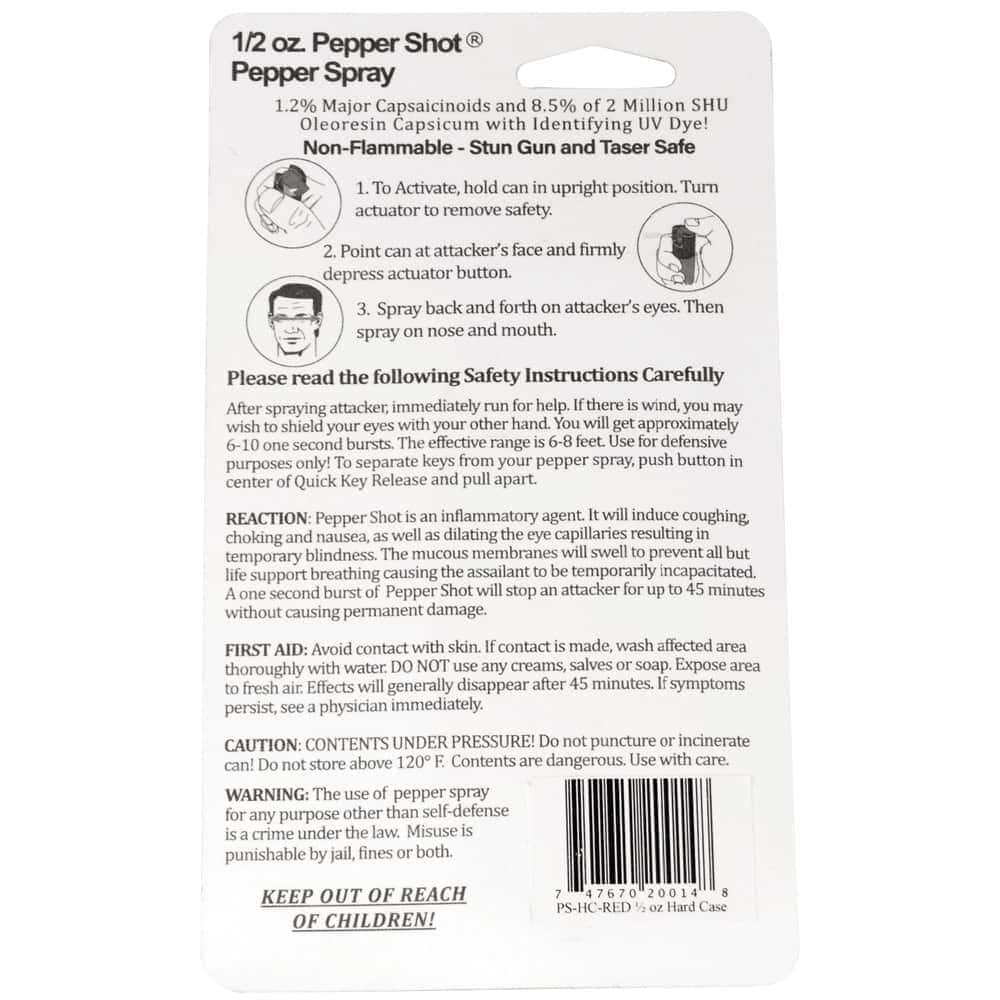 Pepper Shot Pepper Spray Hard Case Belt Clip and Quick Release Key Chain Rear Package View with Instructions