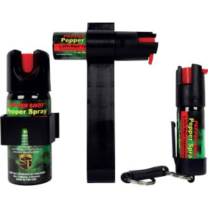 Pepper Shot Tri-Pack Contains 1 2 oz. pepper spray for home use, 1 1⁄2 ounce auto visor clip to keep in your vehicle, and 1 1⁄2 ounce pepper spray with a quick release key chain. This comprehensive kit offers protection in various settings, ensuring peace of mind whether you're at home, in your car, or on the go. The included accessories are designed for easy access and convenient storage, making them ideal for personal safety