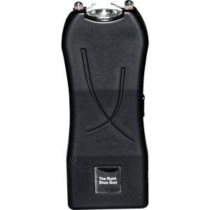 Black Runt Rechargeable Stun Gun With Flashlight And Wrist Strap Disable Pin Front View