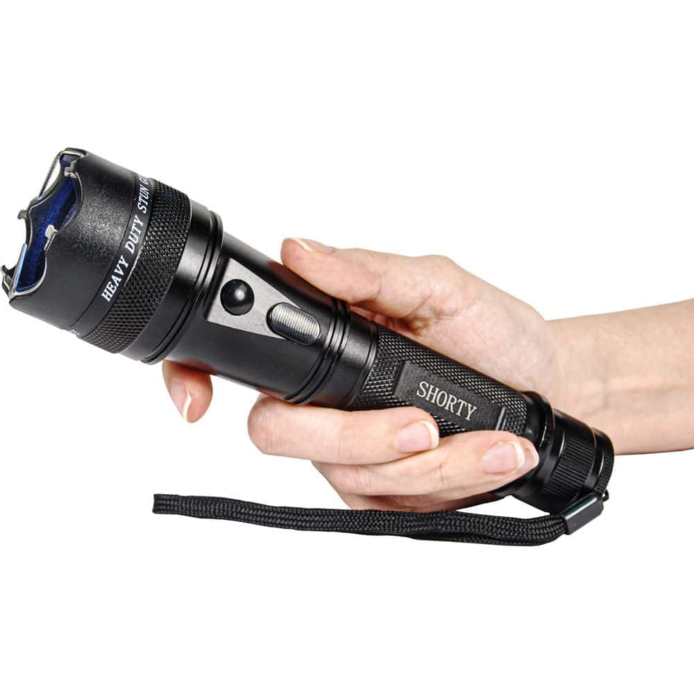 75 Million Volt Shorty Flashlight Stun Gun with Wrist Strap, Holster, and Charging Cable - Shown in Hand