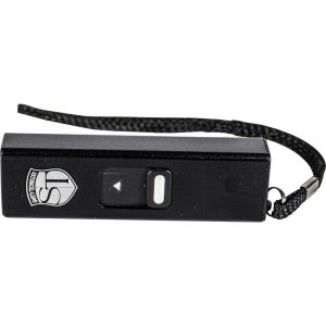Black Slider Stun Gun with LED Flashlight USB Rechargeable Front View with Wrist Strap