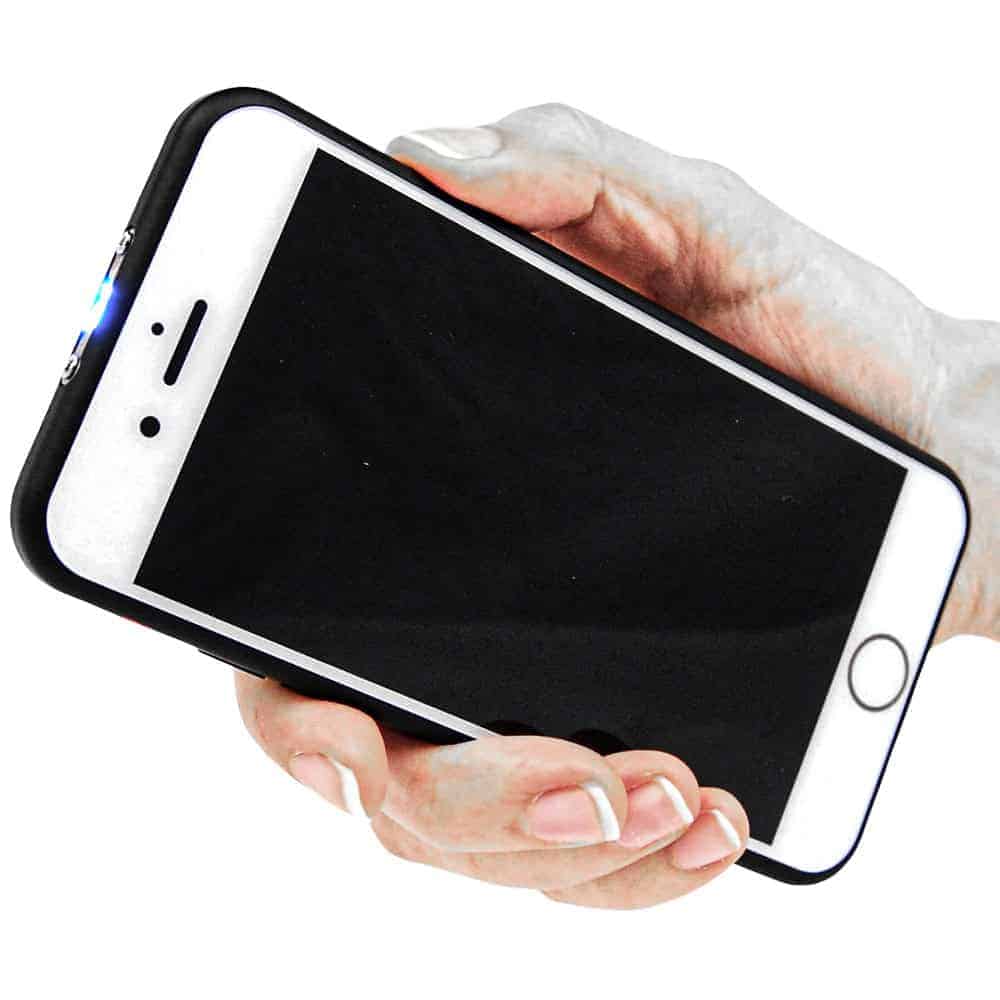 14 Million Volt Rechargeable Cell Phone Stun Gun with Flashlight Shown in Hand