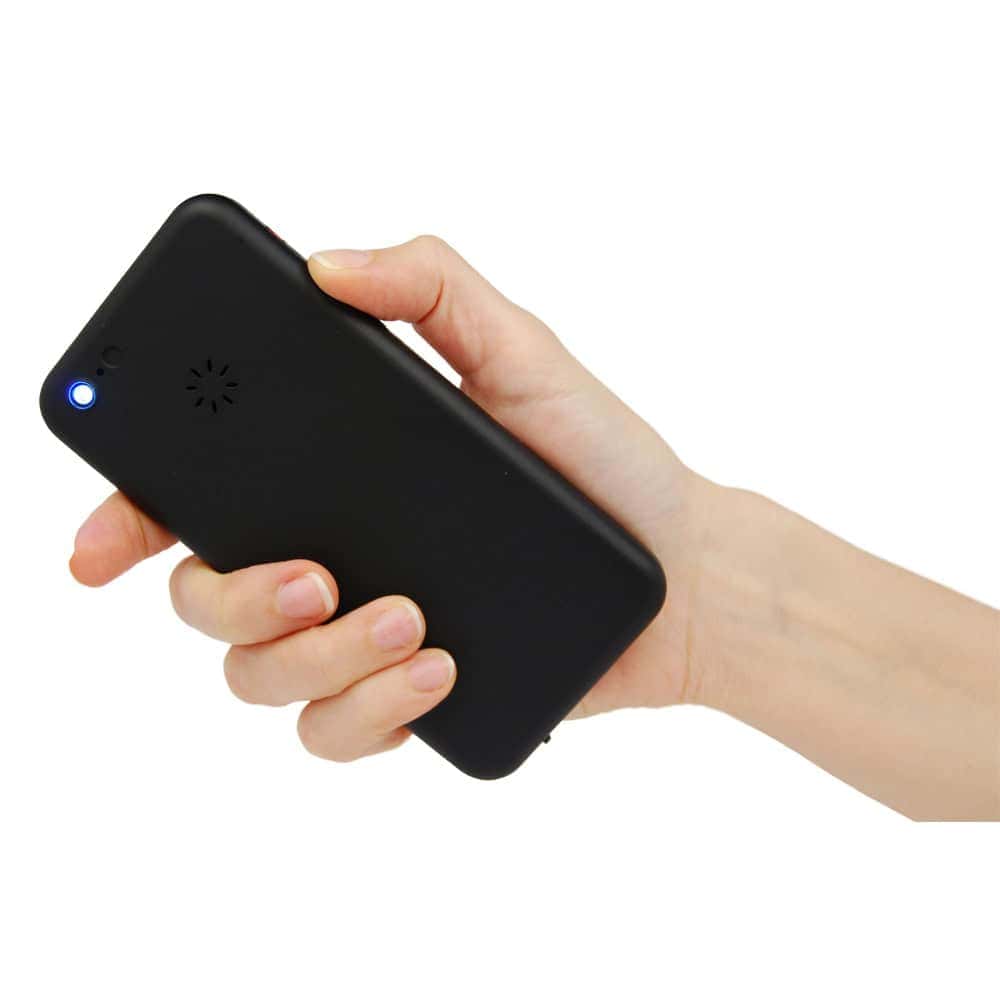 14 Million Volt Rechargeable Cell Phone Stun Gun with Flashlight Shown in Hand - Rear View