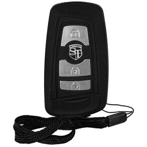 Silver and Black Triad 27 Million Volt Key Fob Stun Gun Front View with Wrist Strap