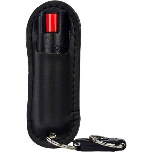 Black WildFire 1/2 oz Pepper Spray Halo With Holster and Quick Disconnect Keyring Front View