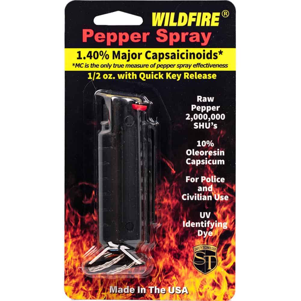 Black Wildfire 1/2 Ounce Pepper Spray Hard Case with Belt Clip and Quick Disconnect Keyring Front View in Retail Package