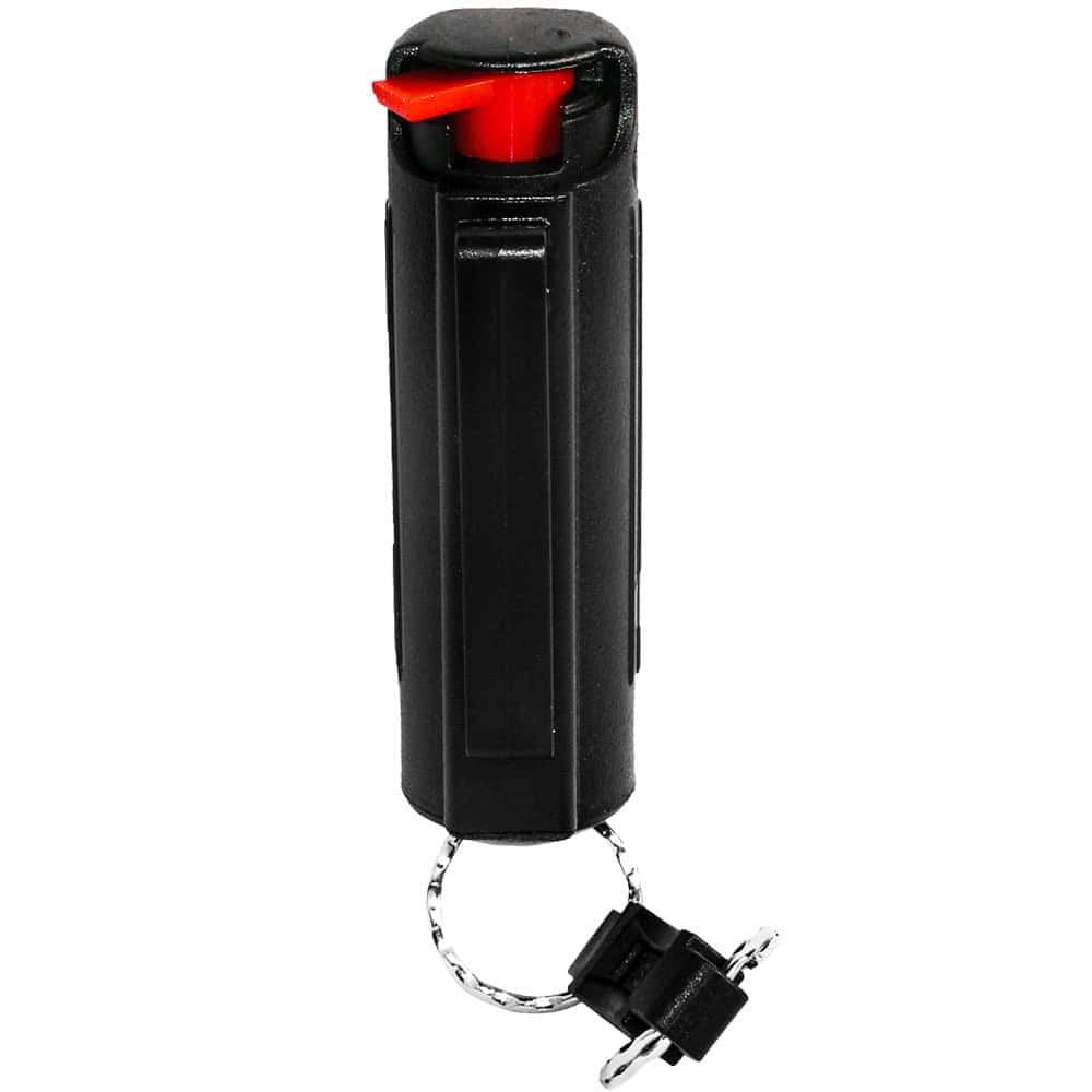 Black Wildfire 1/2 Ounce Pepper Spray Hard Case with Belt Clip and Quick Disconnect Keyring Rear View