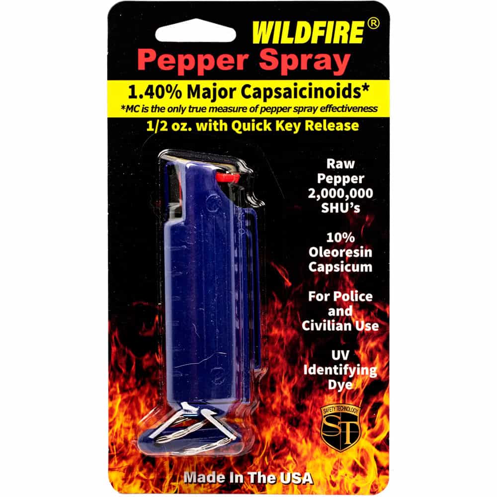 Blue Wildfire 1/2 Ounce Pepper Spray Hard Case with Belt Clip and Quick Disconnect Keyring Front View in Retail Package