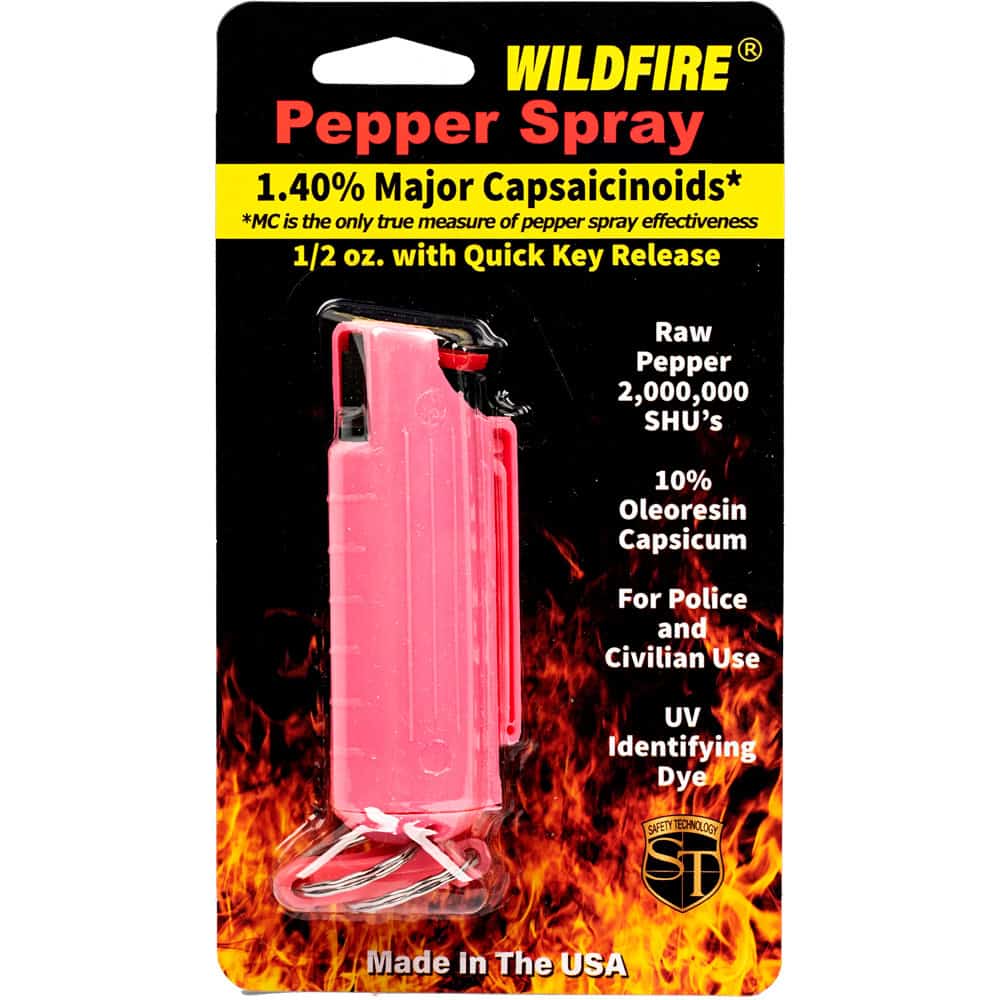 Pink Wildfire 1/2 Ounce Pepper Spray Hard Case with Belt Clip and Quick Disconnect Keyring Front View in Retail Package
