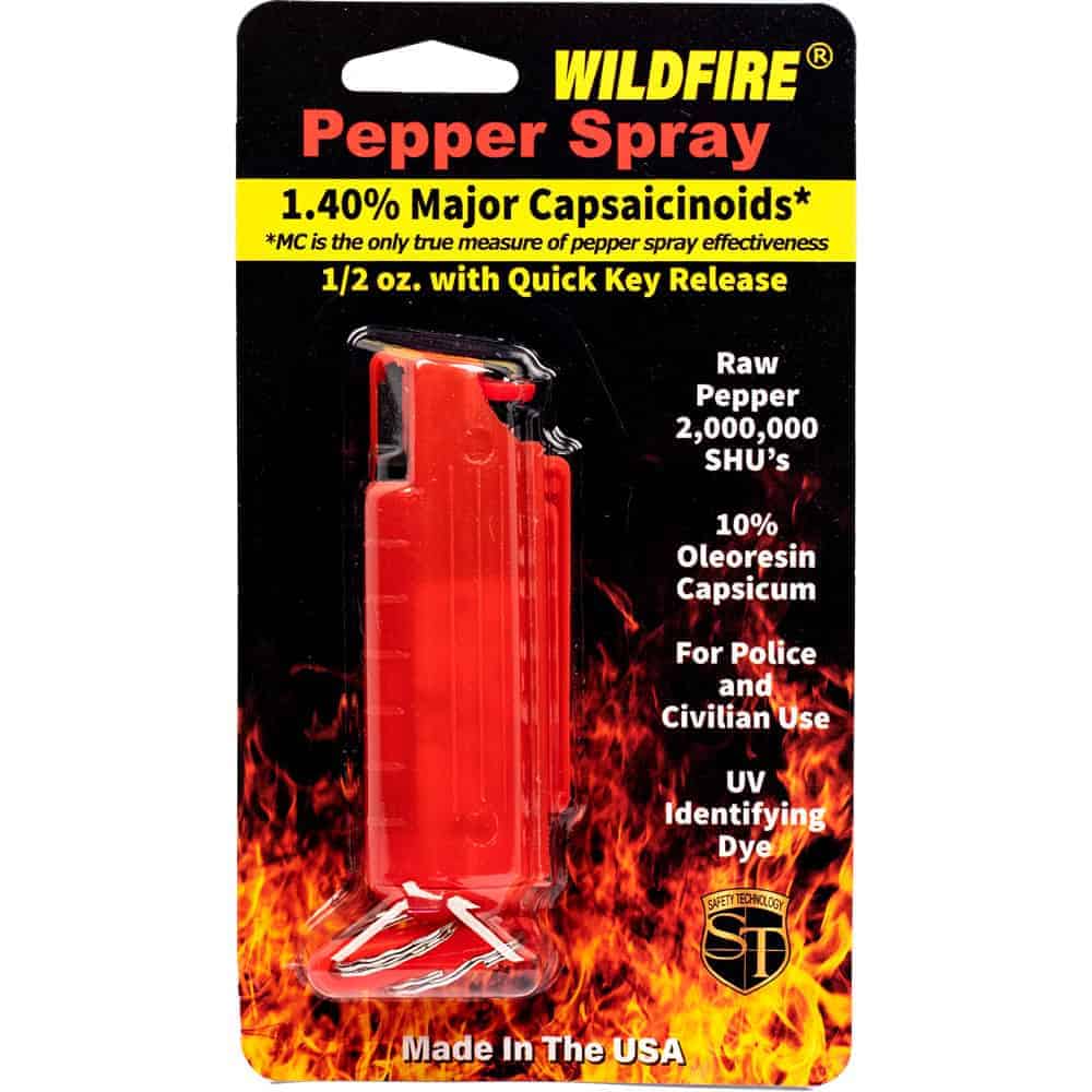 Red Wildfire 1/2 Ounce Pepper Spray Hard Case with Belt Clip and Quick Disconnect Keyring Front View in Retail Package