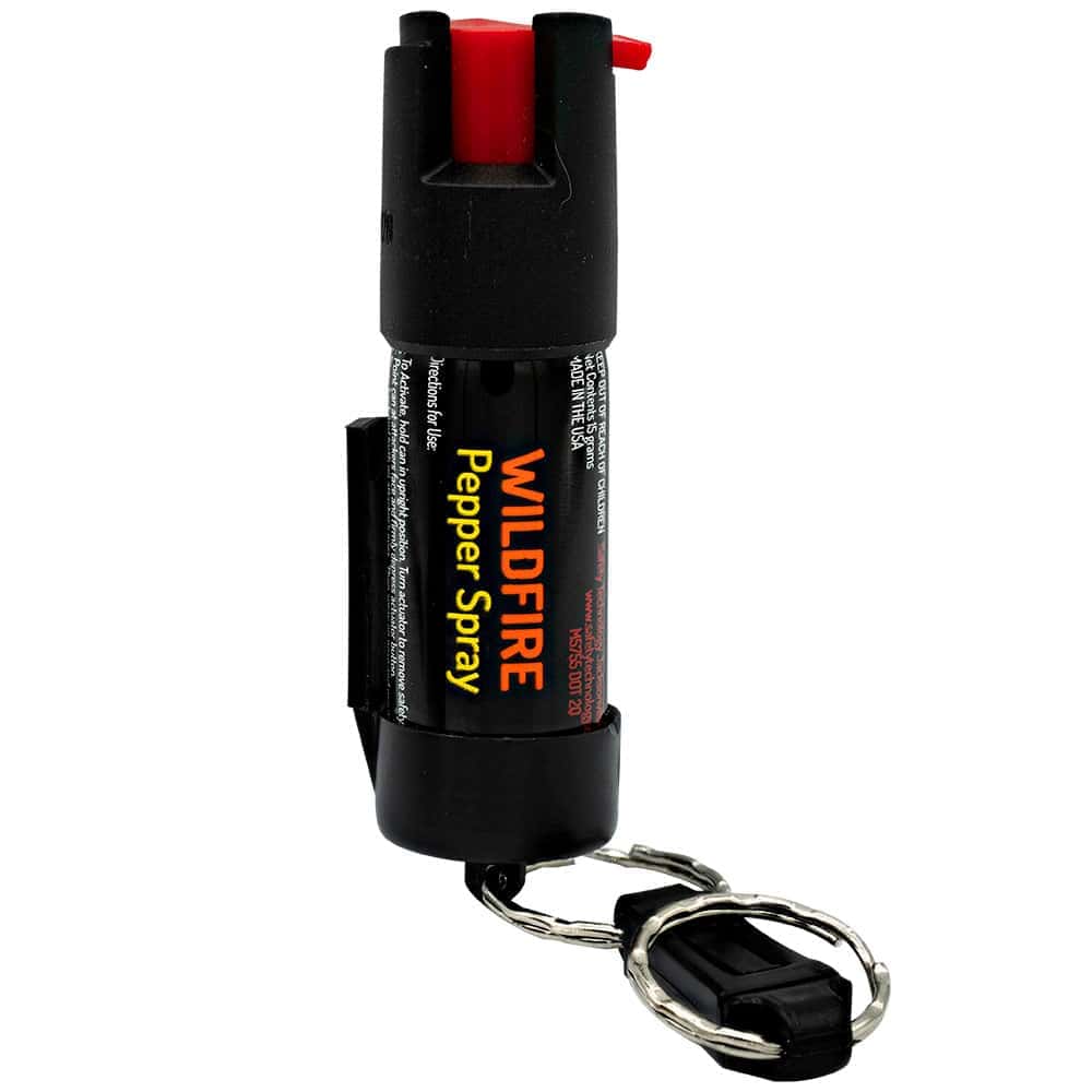 WildFire Pepper Spray Keychain 0.5 oz, 1.4% Major Capsaicinoids – Quick-Release Key Ring, Belt Clip, 6-8 Foot Range, 6-10 Bursts, Twist-Lock Safety, UV Marking Dye, Stream Pattern
