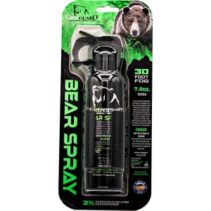 7.9 ounce GrizGuard Bear Spray Fogger with 30 Foot Range Front View with Holster in Retail Package