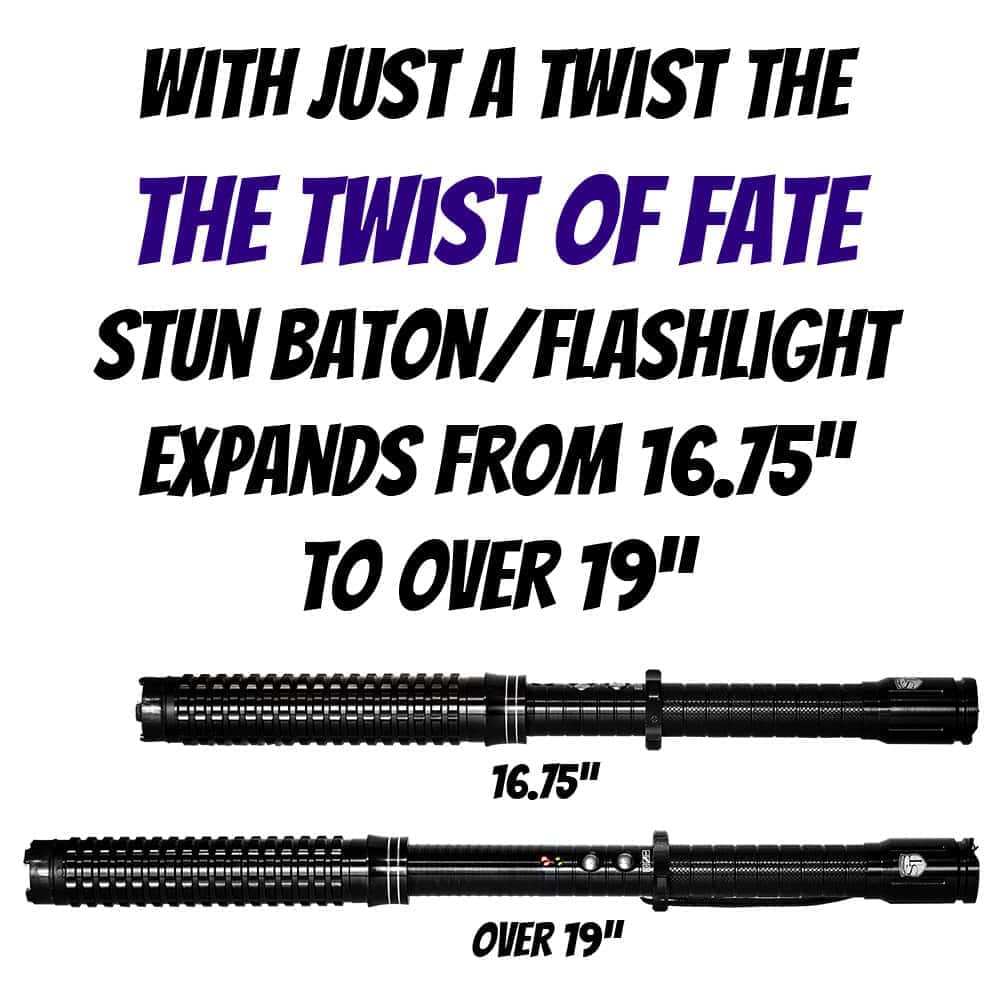 The Twist of Fate is a full-aluminum, rechargeable stun baton with a flashlight that extends with a simple twist, taking you from 16¾” to over 19″ of striking distance in seconds | Advanced Safety Tech the Twist of Fate is a Full-aluminum, Rechargeable Stun Baton with a Flashlight That Extends with a Simple Twist, Taking You from 16¾” to over 19″ of Striking Distance in Seconds Advanced Safety Tech the Twist of Fate is a Full-aluminum, Rechargeable Stun Baton with a Flashlight That Extends with a Simple Twist, Taking You from 16¾” to over 19″ of Striking Distance in Seconds