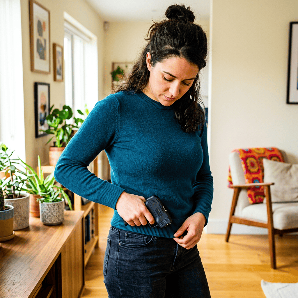Woman drawing handgun from waistband in indoor setting