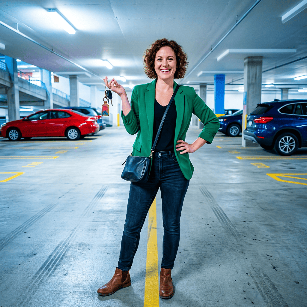 Woman in green blazer holding car keys standing in parking garage
